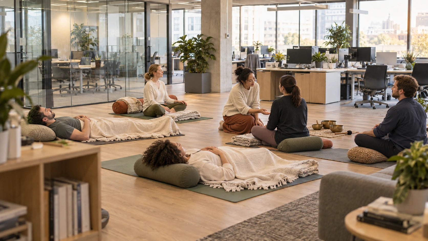 Illustrative office wellbeing session with a caring teacher supporting a colleague while teammates rest on cushions and blankets beside singing bowls