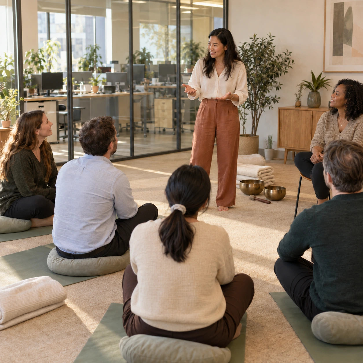 Illustrative workplace wellbeing teacher standing before a seated team, explaining the restorative session with singing bowls and blankets ready
