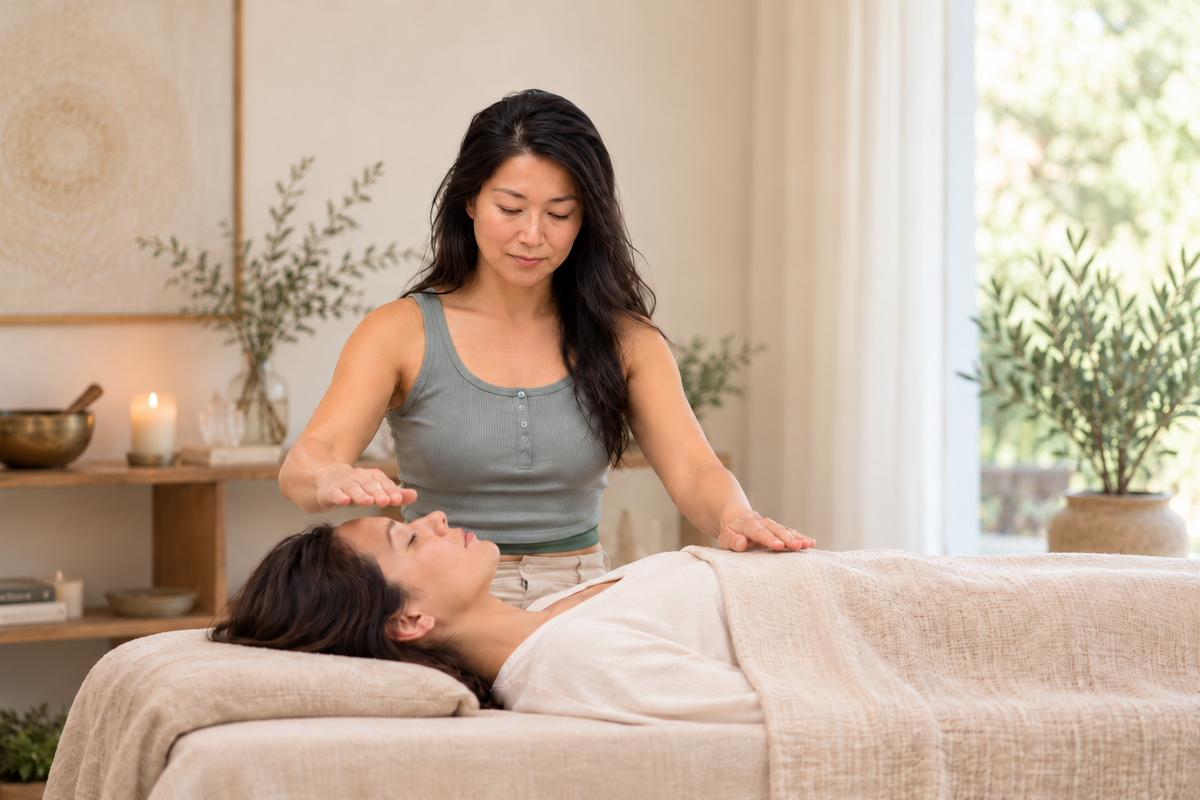 Reiki practice with teacher and recipient fully visible