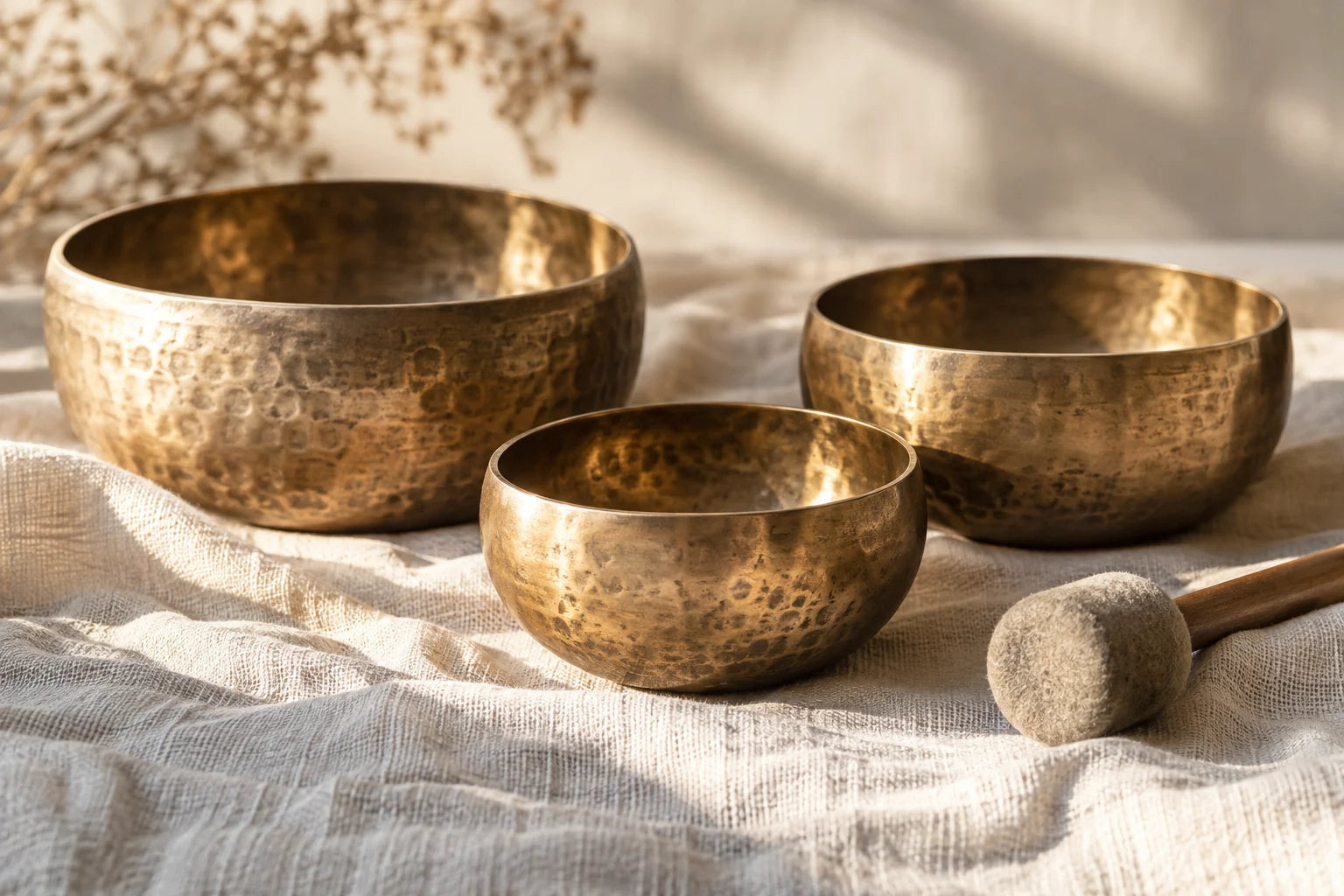 Illustrative Tibetan singing bowls resting on linen