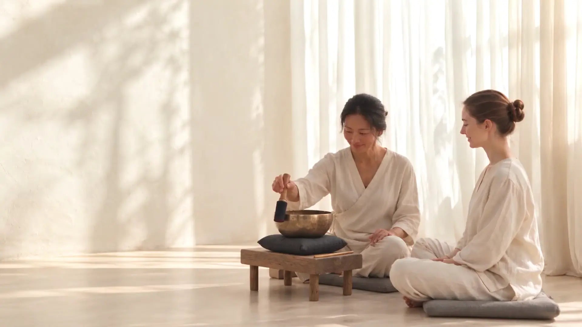 Illustrative teacher demonstrating a Tibetan singing bowl to a student